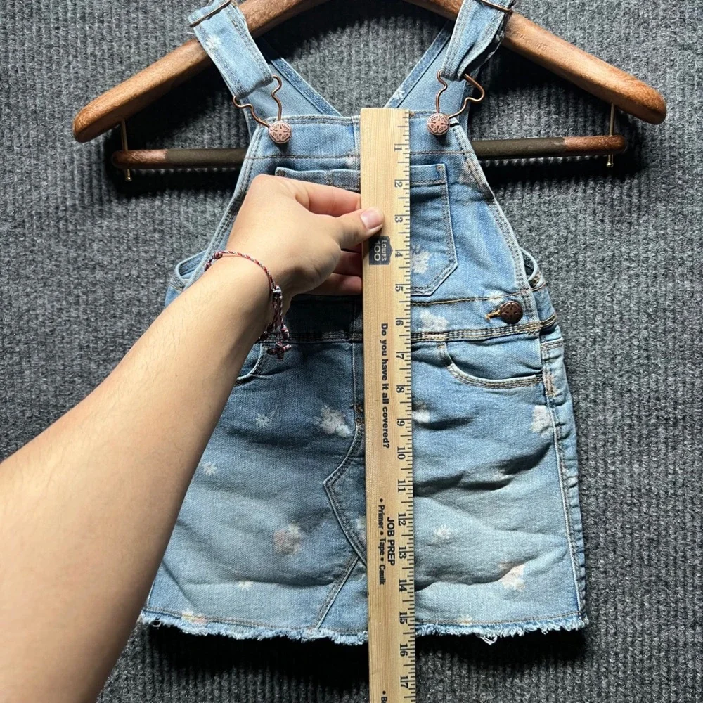 OshKosh Bgosh Denim Overall Dress Toddler‎ 3T Blue Floral Print Bib Jumper Skirt